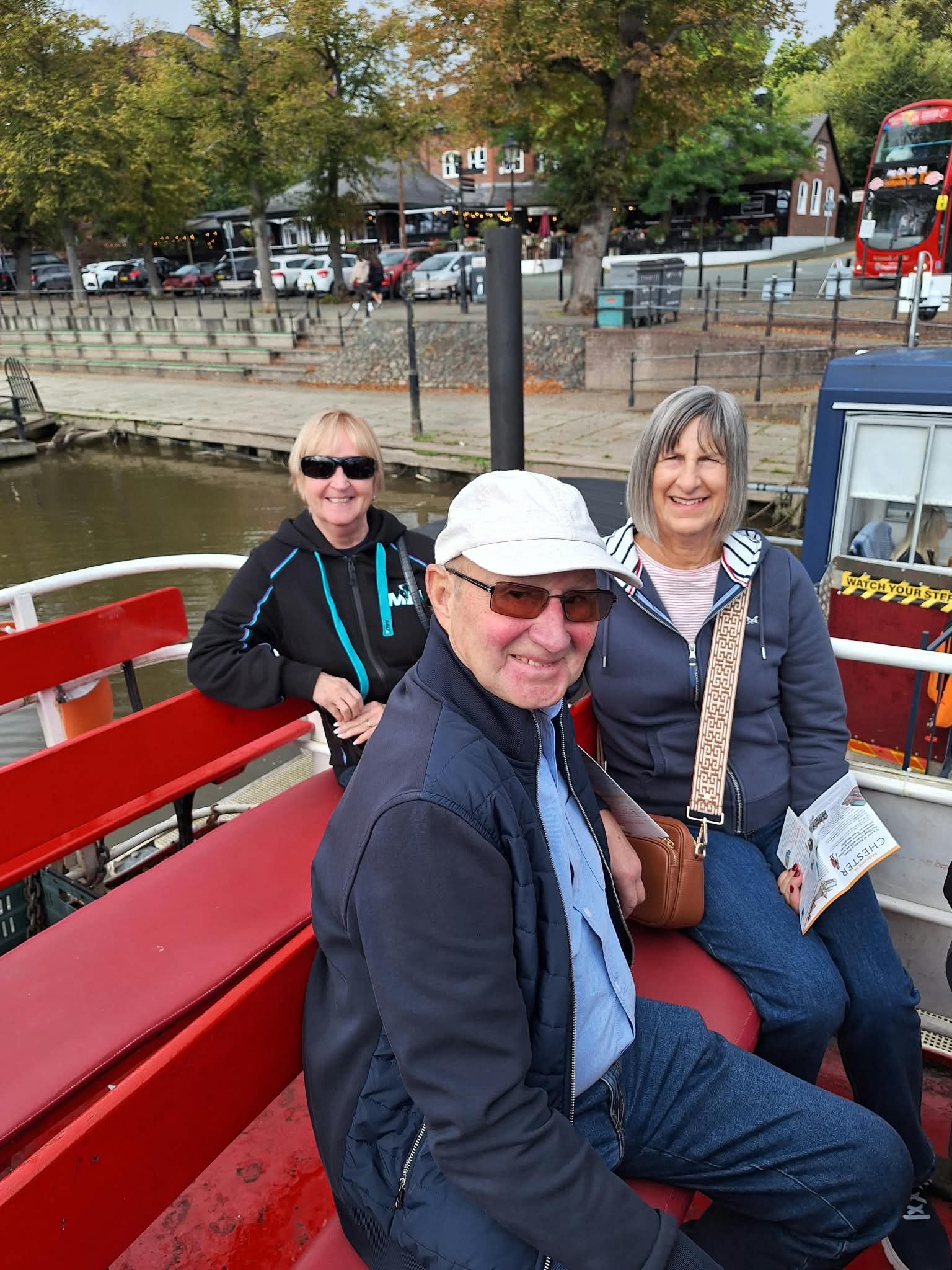Enjoying the River Dee boat trip — smiles all round on a fine September afternoon. Dave Sallows, Barbara Sallows and Wendy Sallows did both!