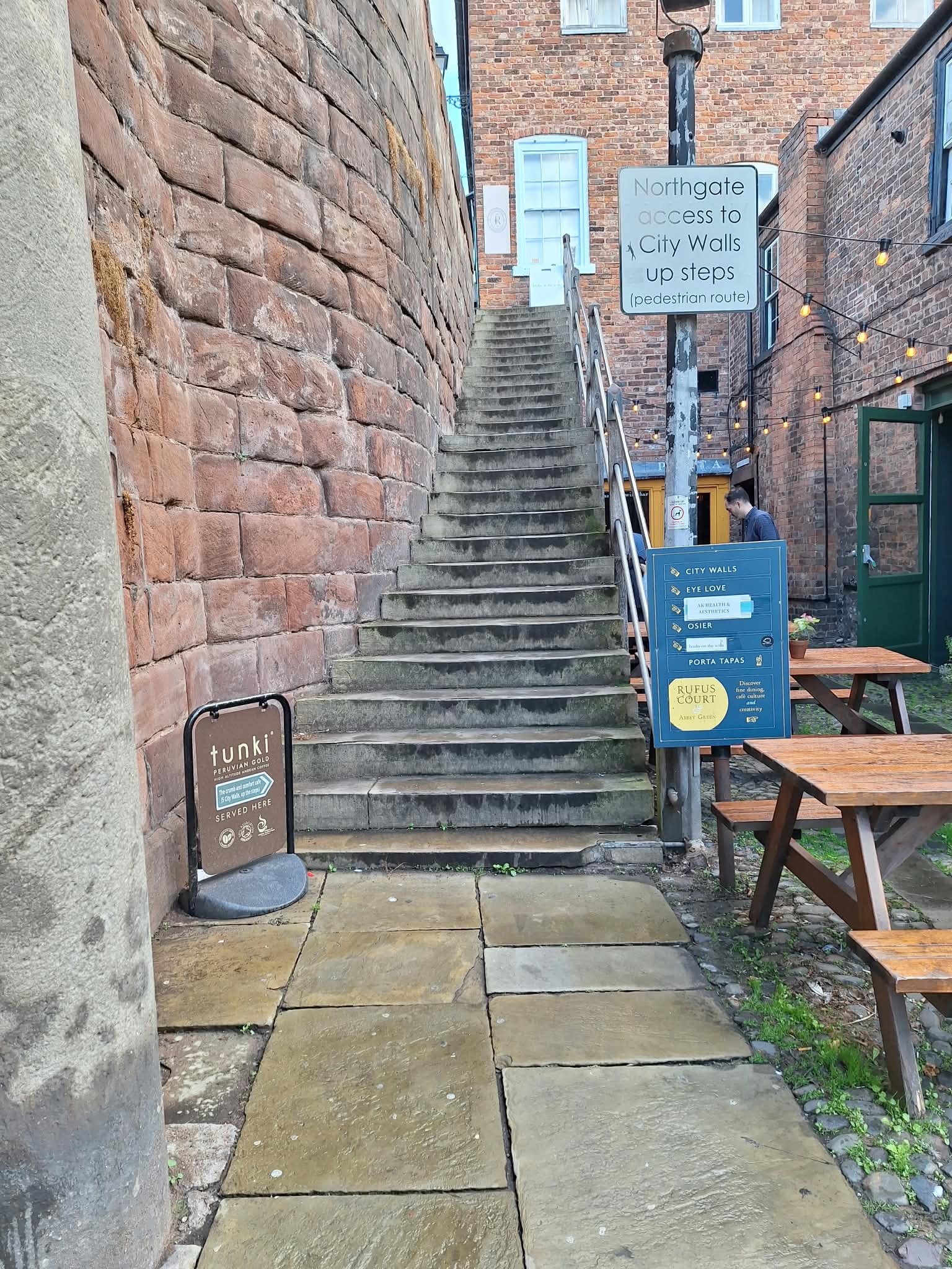 Steps up to the ancient City Walls — two thousand years of history underfoot. Most of our party climbed up and walked the City Walls, which are the only complete walls in the country.