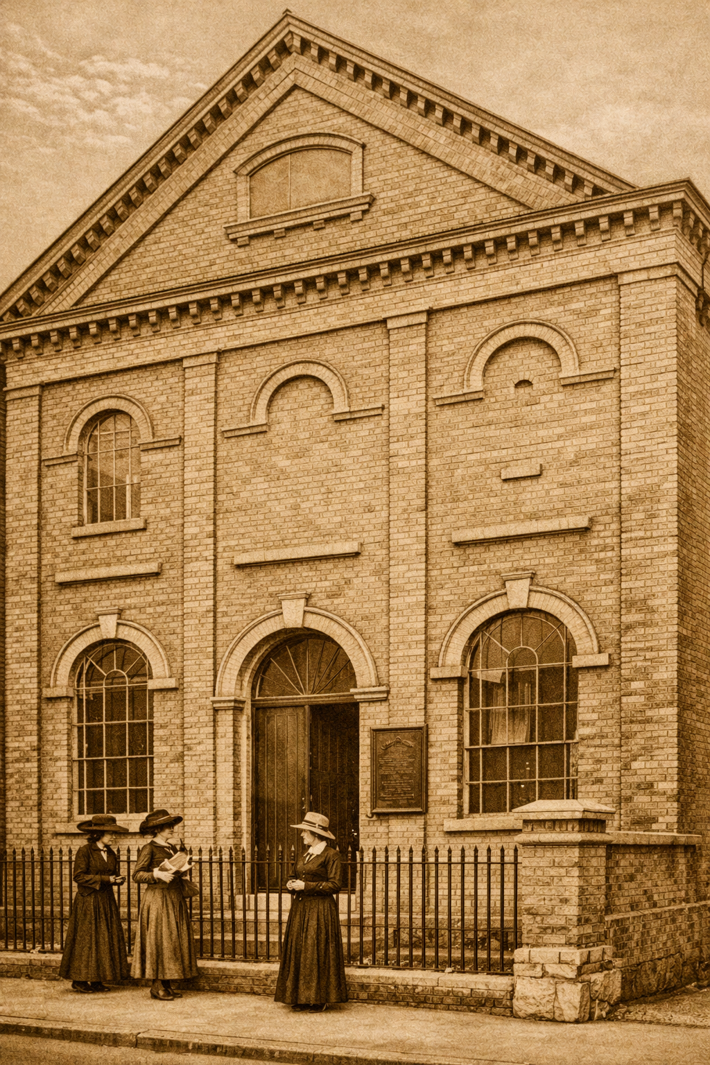 A sepia-toned historical photograph of the Masonic Hall on Great William Street, Stratford-upon-Avon, showing the original chapel building with three figures in Edwardian dress standing outside
