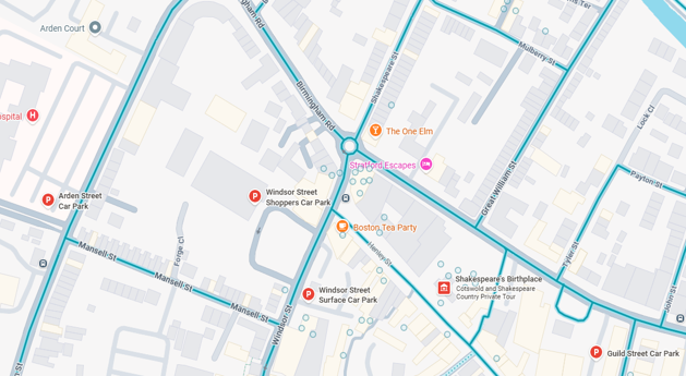Map showing the location of the Masonic Temple on Great William Street, Stratford-upon-Avon